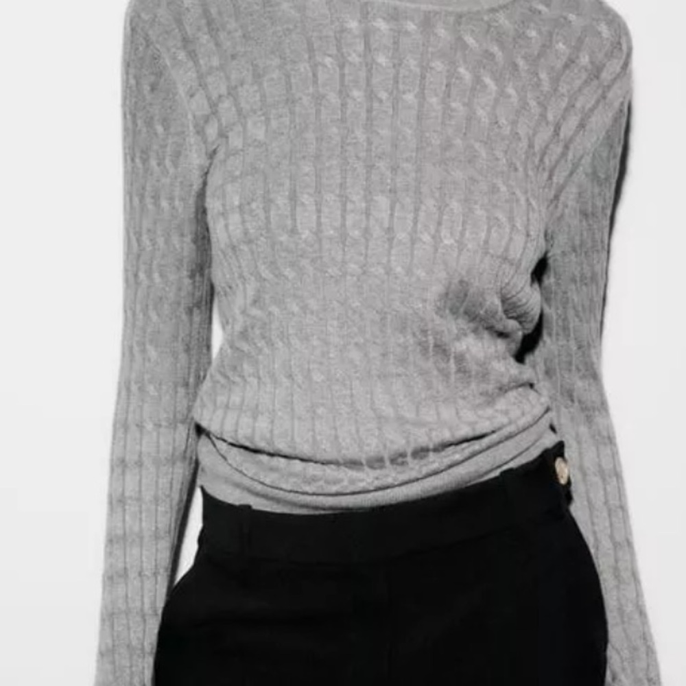 Zara Sweater Cable Knit Round Neck Gray Size M - Picture 4 of 15